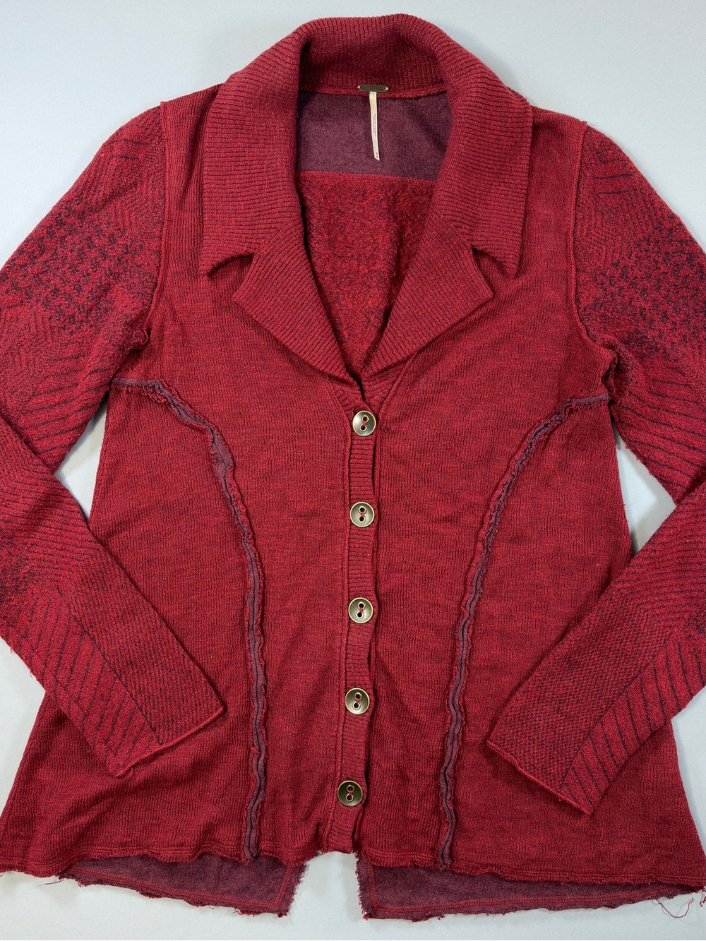 Free People Dark Red Mixed Knit Cardigan Jacket Raw Edge Button Front Wool Blend